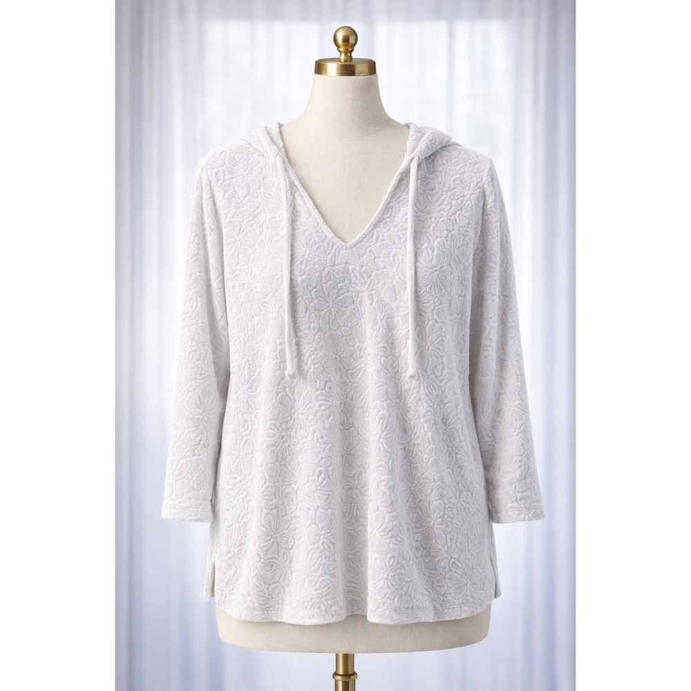 Belle Beach Kim Gravel Hooded White Terry Knit Textured Cover Up Top‎ Size M